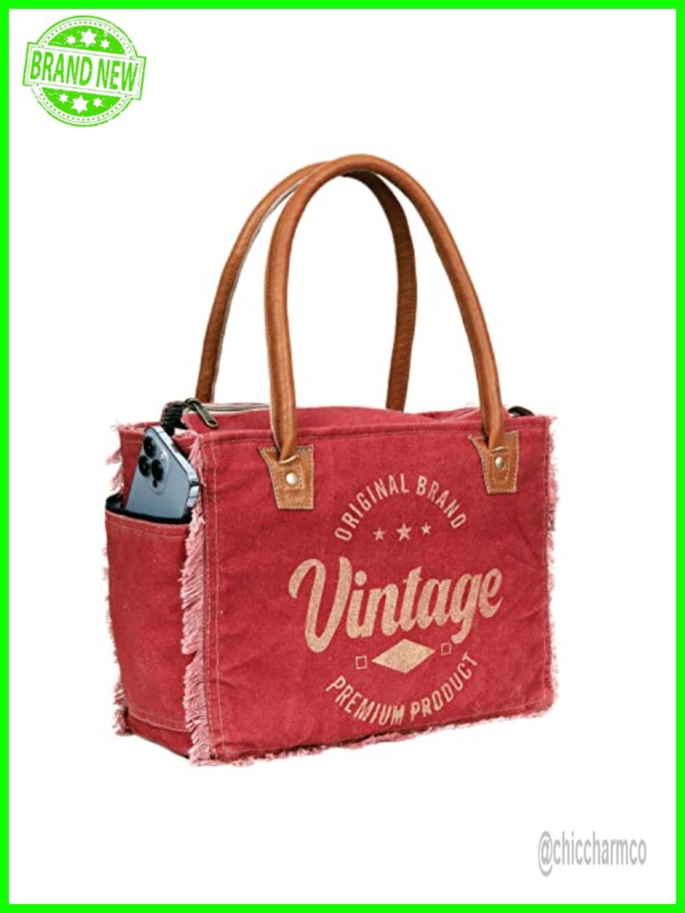 Canvas Tote Bag with Genuine Leather Handles for Women